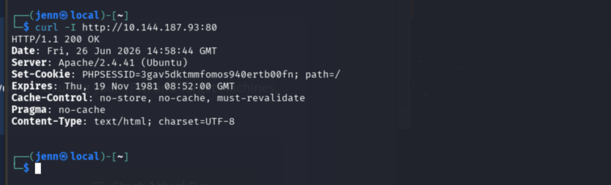 curl -I response showing 200 OK and fresh PHPSESSID cookie